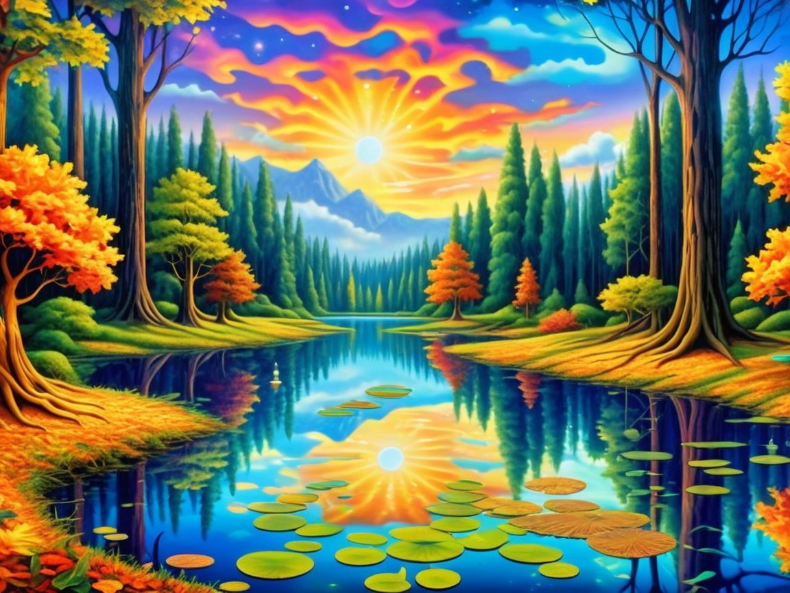 Autumn Landscape with Lake and Mountain Sunrise