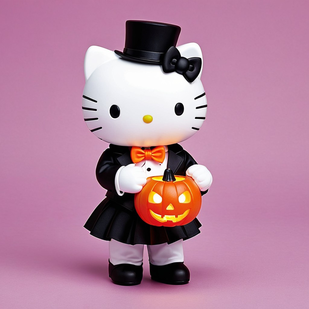 Halloween Cat Figure in Tuxedo with Pumpkin