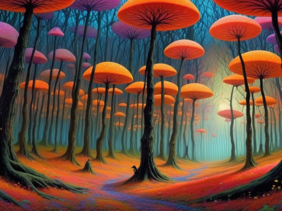 Surreal Forest Scene with Vibrant, Giant Mushrooms