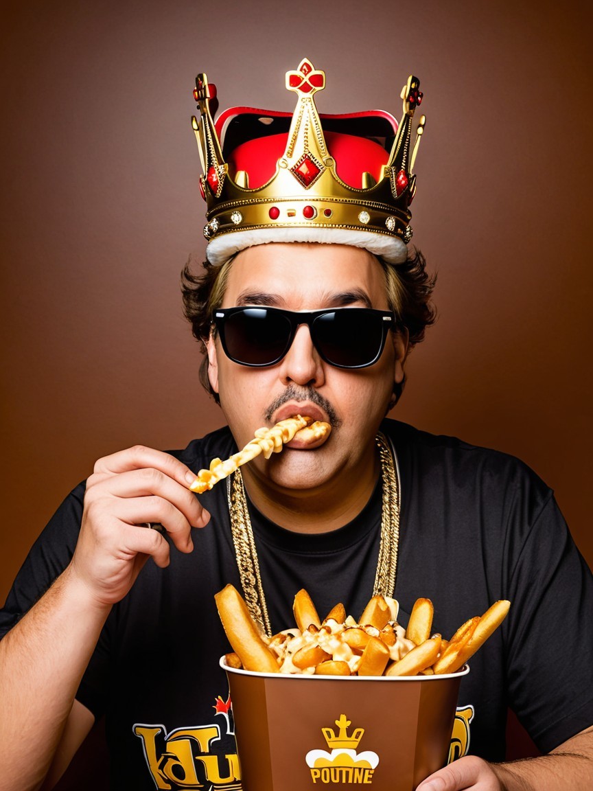 Man in Crown Enjoying Poutine with Oversized Sunglasses