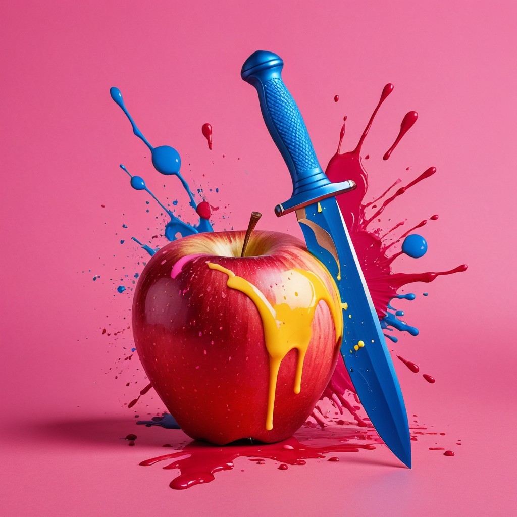 Vibrant Red Apple with Blue Knife on Pink Background