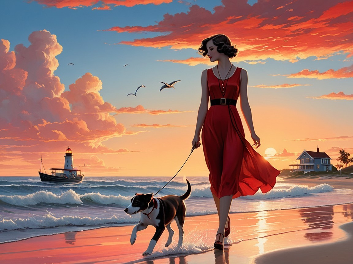 Woman in Red Dress Strolling on Beach at Sunset
