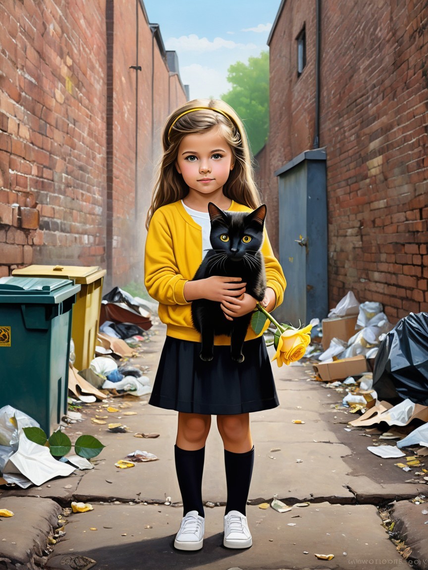 Young girl in alley with black cat and yellow rose