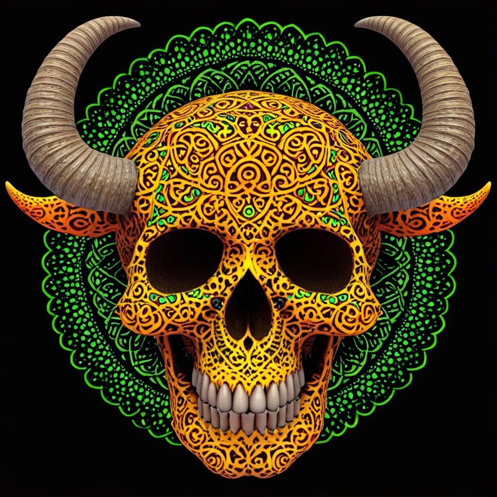 Vibrant Skull with Intricate Patterns and Horns