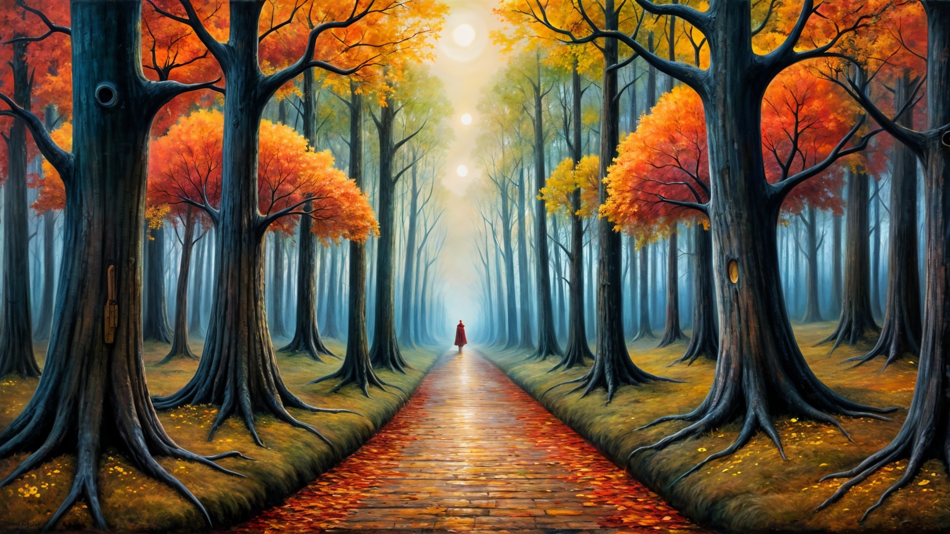 Tranquil Forest Path with Autumn Colors and Mist