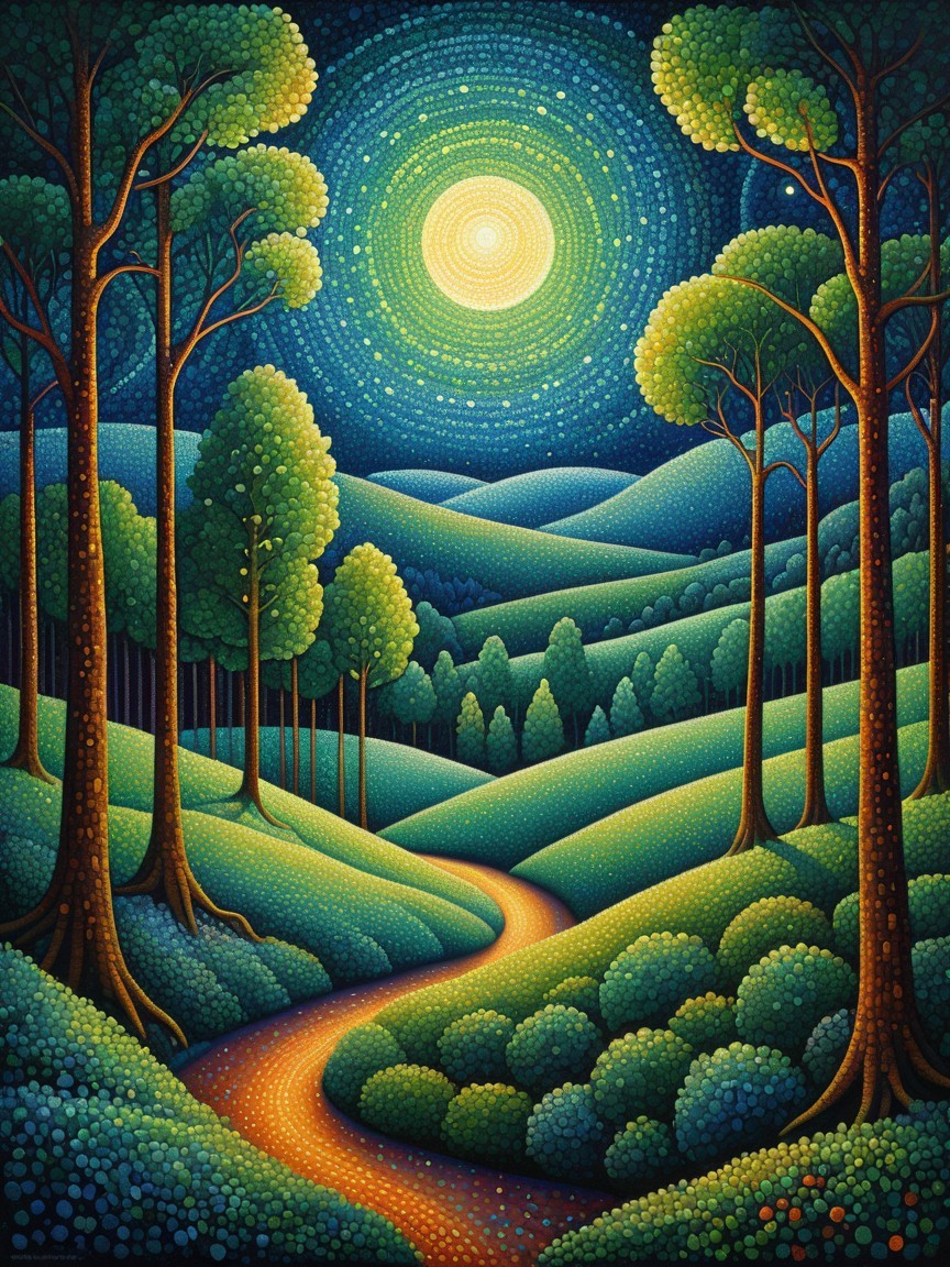 Vibrant Landscape with Rolling Hills and Full Moon