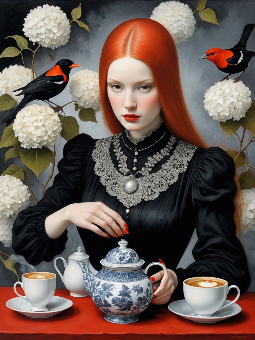 Portrait of a Young Woman with Red Hair and Tea Setting