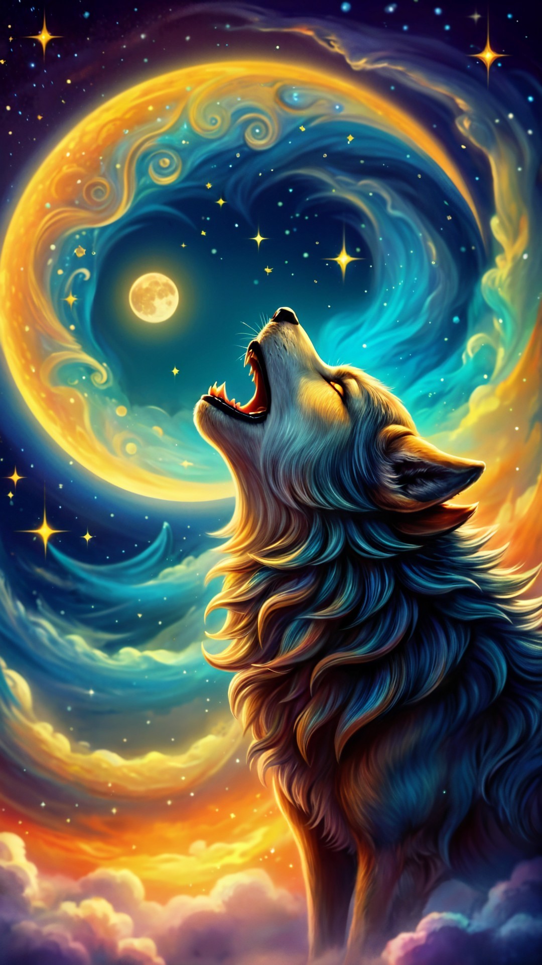 Wolf Howling at Full Moon Among Colorful Galaxies