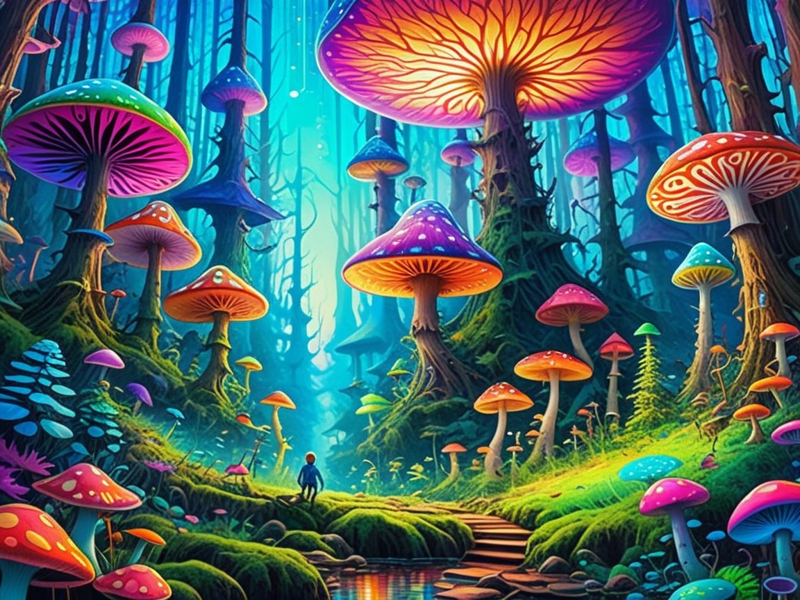 Enchanted forest with oversized colorful mushrooms