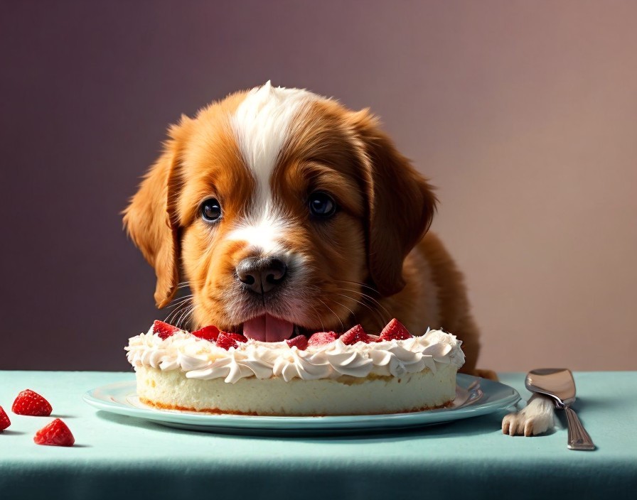 Playful Puppy Approaches Cake with Strawberries