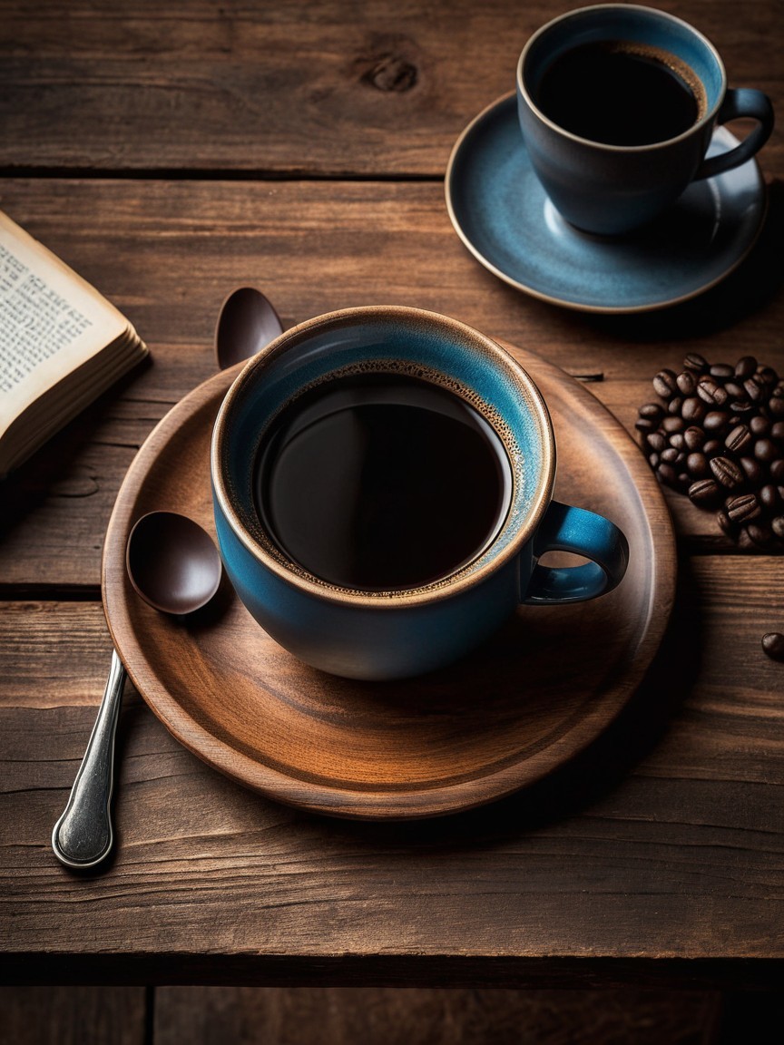 Rustic Table with Coffee Cups and Coffee Beans