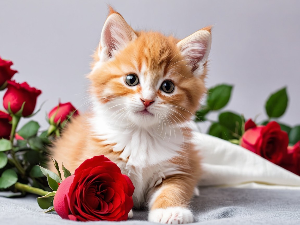 Playful Kitten Surrounded by Red Roses in Soft Light