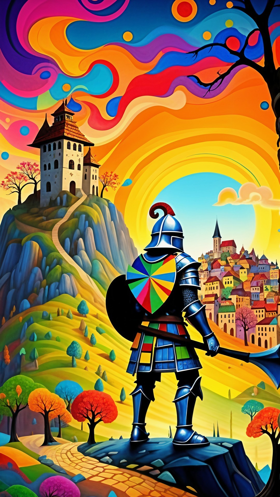 Whimsical Landscape with Knight and Medieval Village