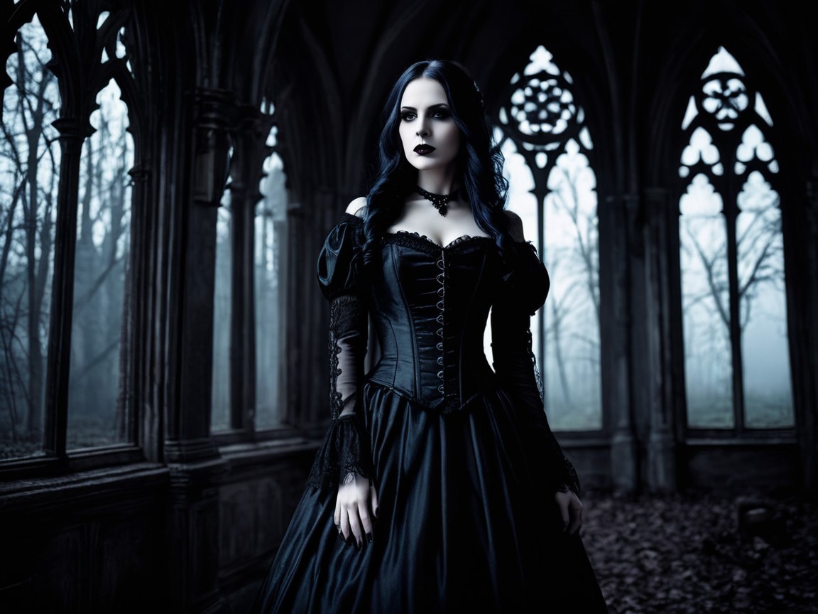 Gothic Elegant Woman in Dimly Lit Grand Hall