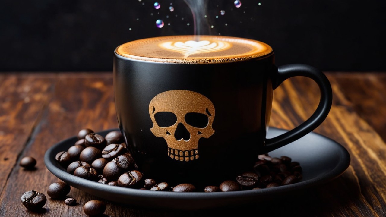 Dark Skull Coffee Mug with Steam and Coffee Beans