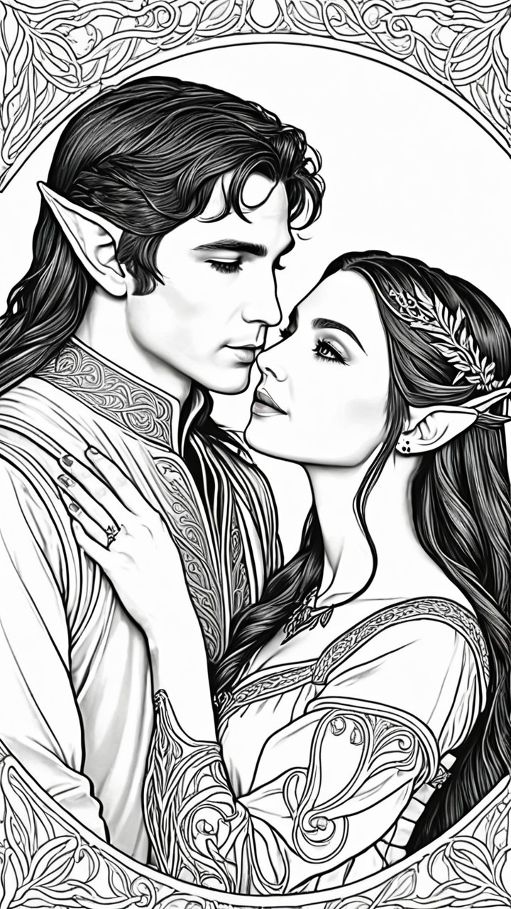 Elven Couple Illustration with Intense Gazes and Attire