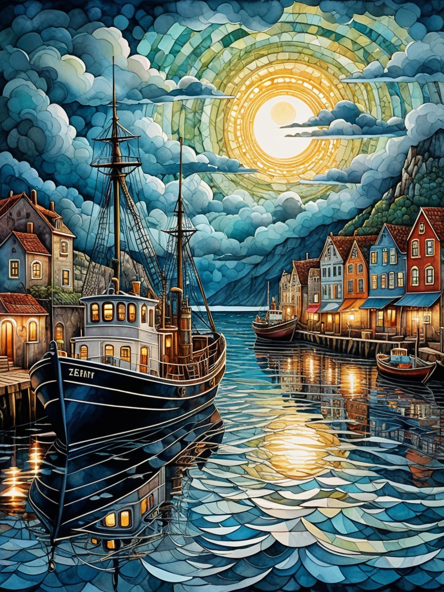 Twilight Harbor Scene with Fishing Boat and Colorful Houses