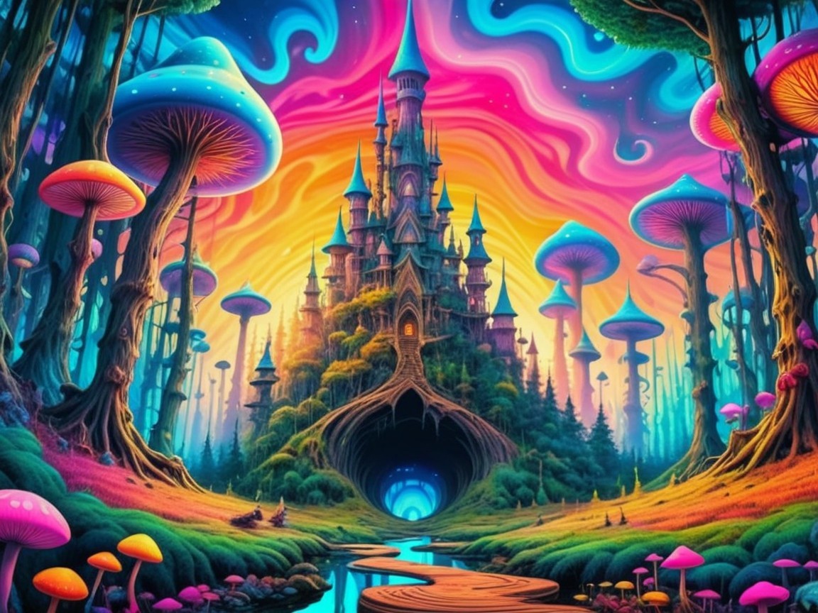Fantasy Landscape with Castle and Colorful Mushrooms
