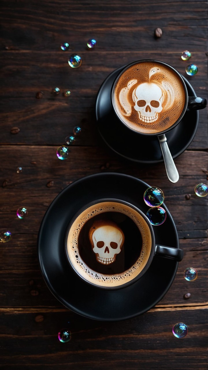 Black Coffee Cups with Skull Latte Art on Wooden Table