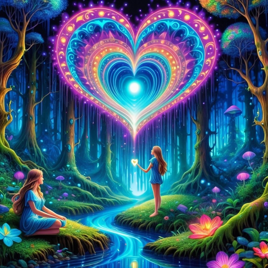 Two Girls in a Magical Forest with Luminous Heart