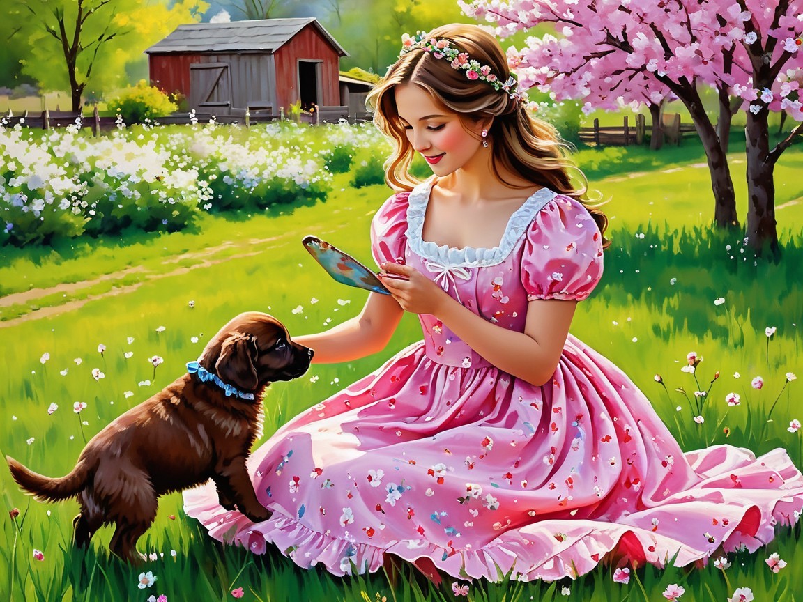 Young Woman in Pink Dress Reading on Green Lawn