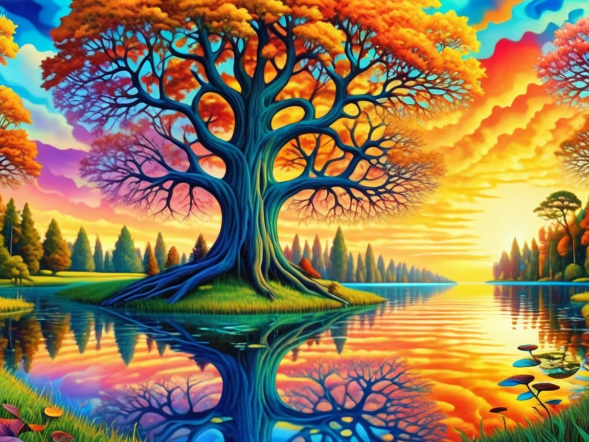 Vibrant Landscape with Tree and Sunset Reflection