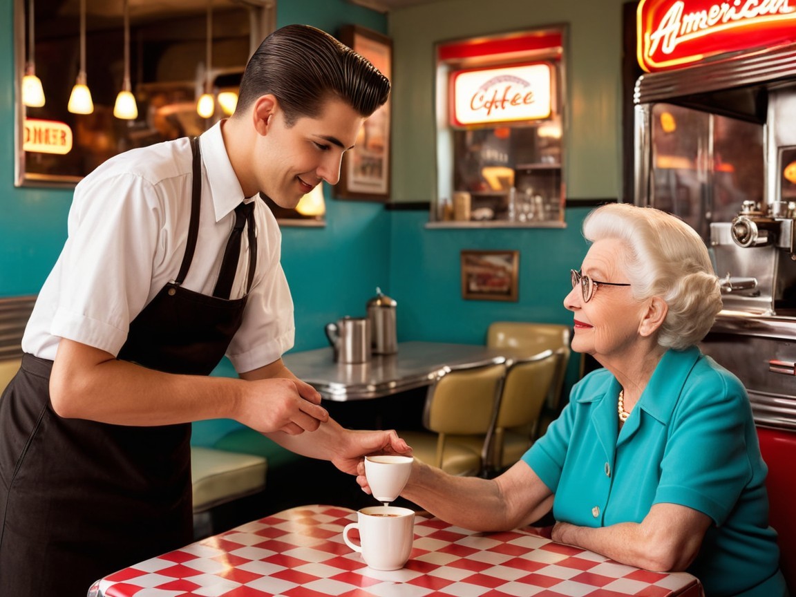 Retro Diner Scene with Waiter and Elderly Woman