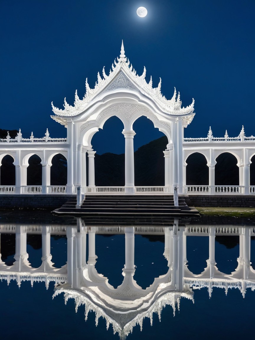 White Architectural Structure by Calm Water at Night