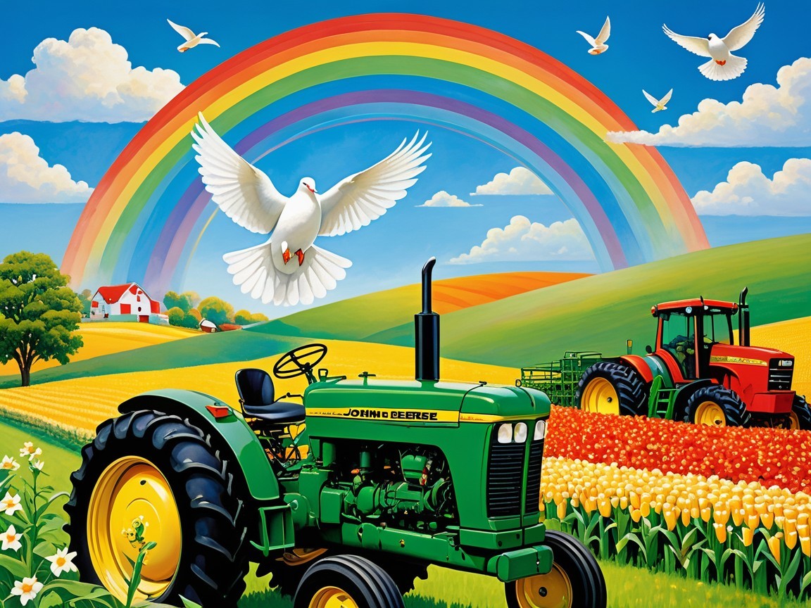 Colorful Tractors in a Vibrant Flower Field Landscape