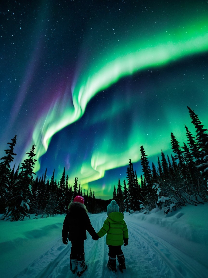 Children on a snowy path under the Northern Lights