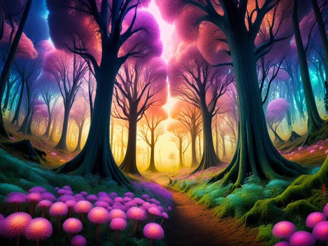 Vibrant Fantastical Forest with Colorful Canopies