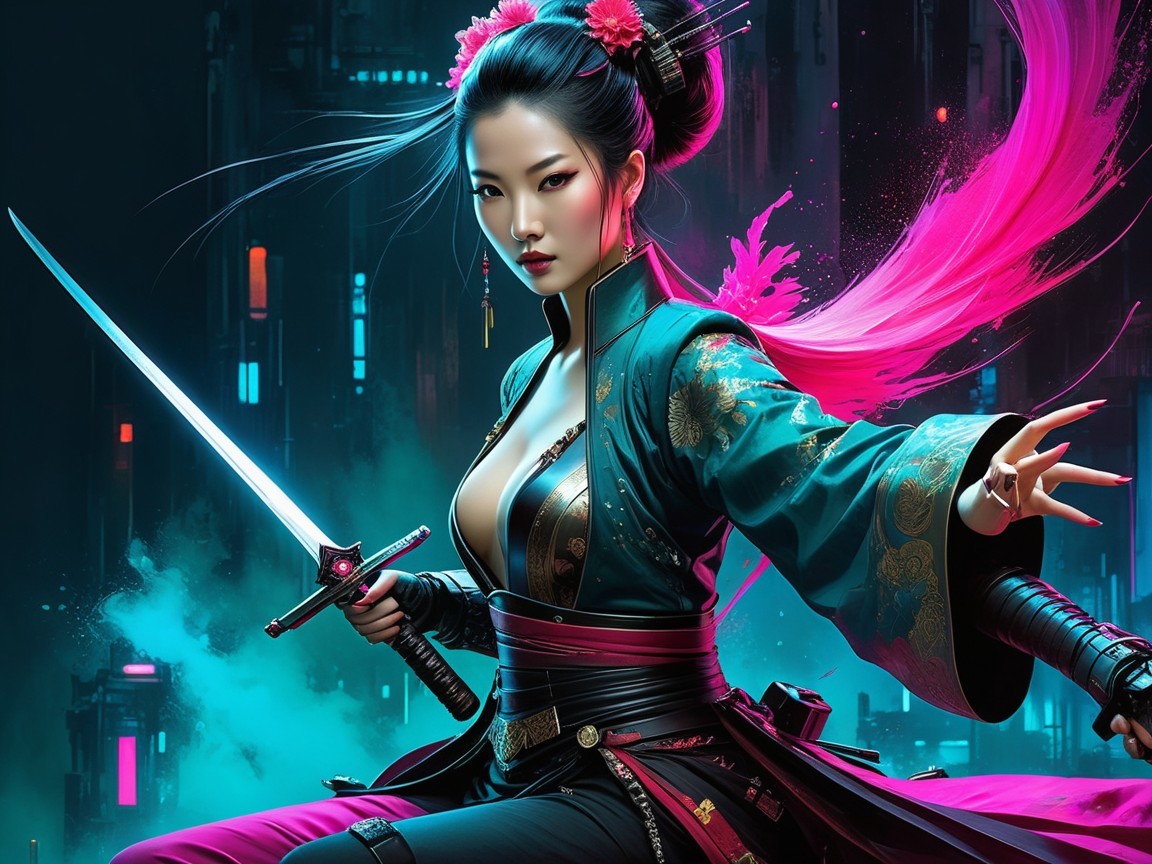 Traditional Outfit Meets Cyberpunk Aesthetic with Katana