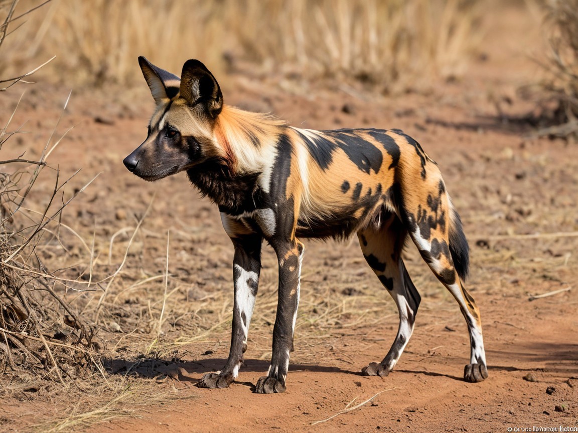 African Wild Dog in Dry Sandy Landscape with Unique Coat