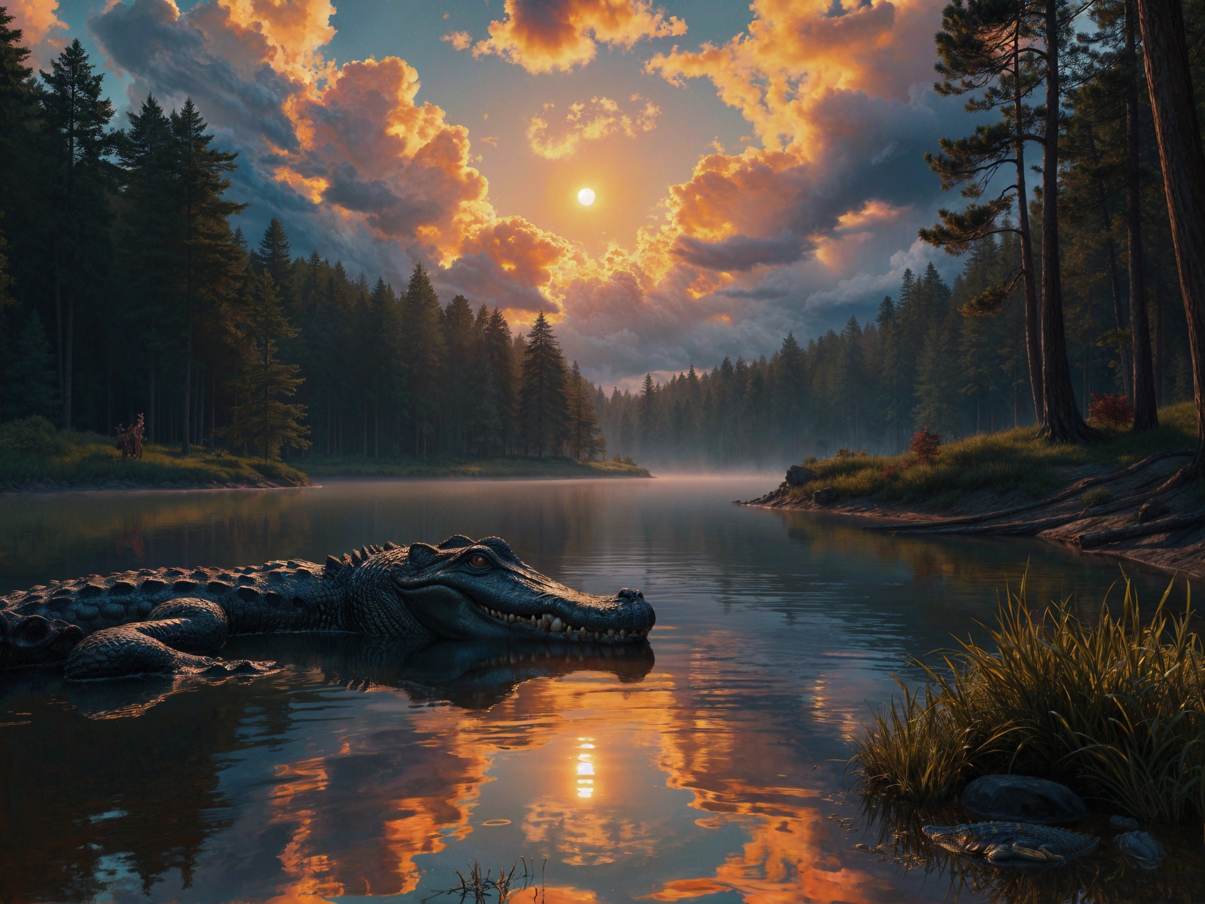 Tranquil River Scene at Sunset with Alligator and Mist