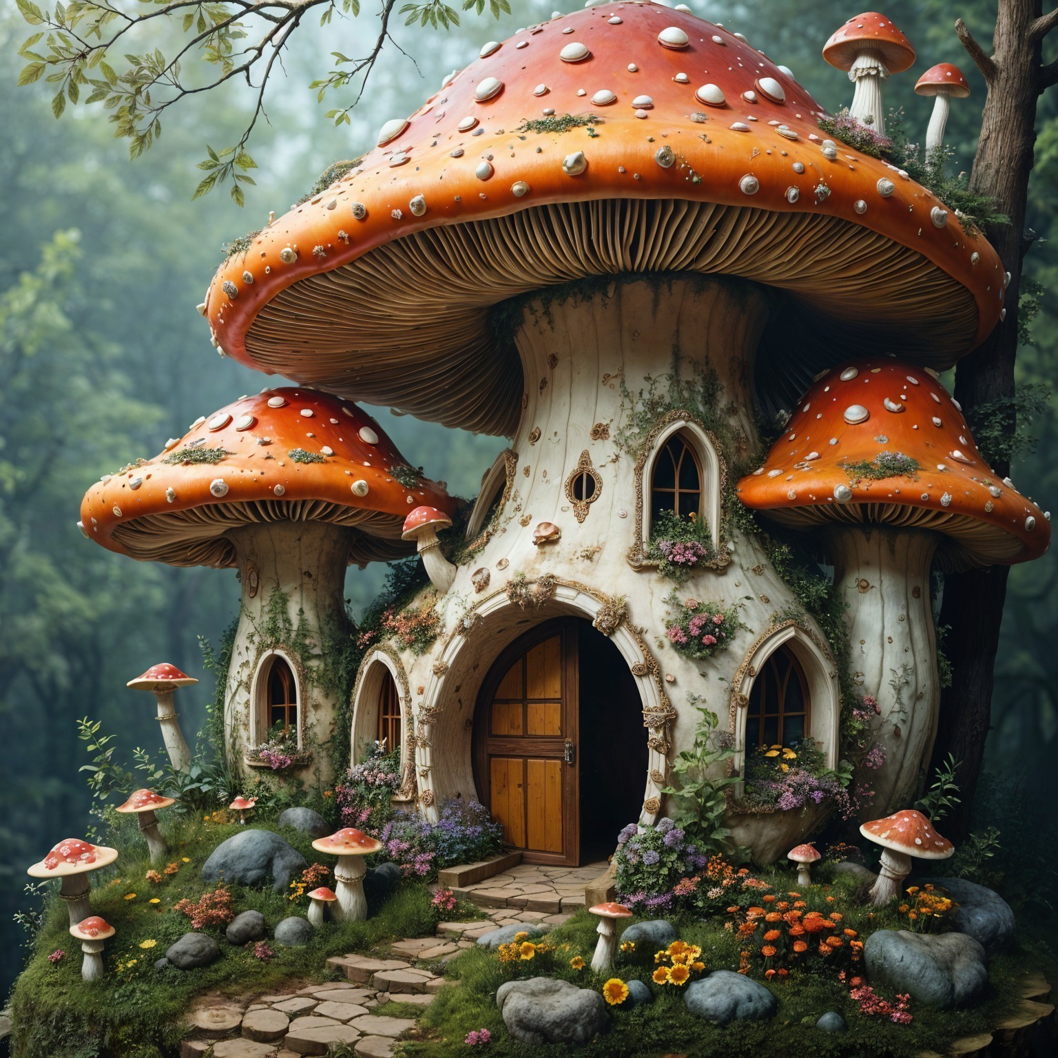 Whimsical Mushroom-Shaped House in a Lush Forest