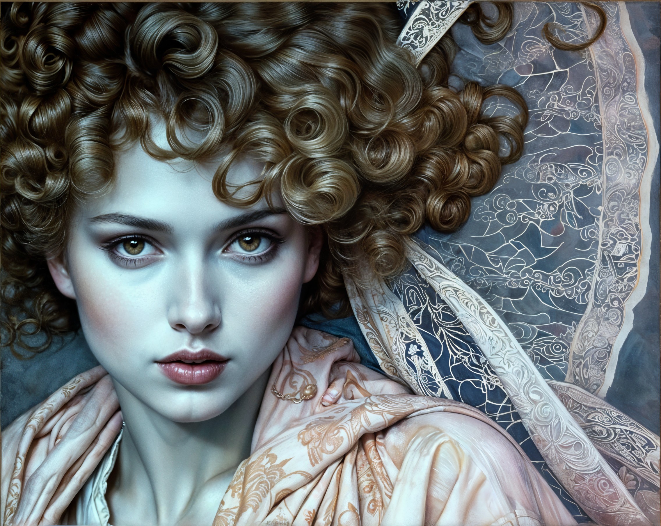 Young woman with voluminous curly hair and lace garment