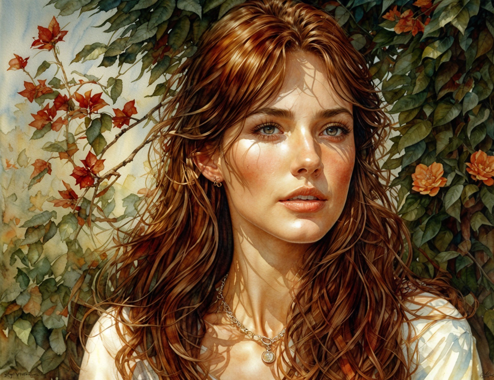 Woman with Wavy Brown Hair and Autumn Leaves Surrounding