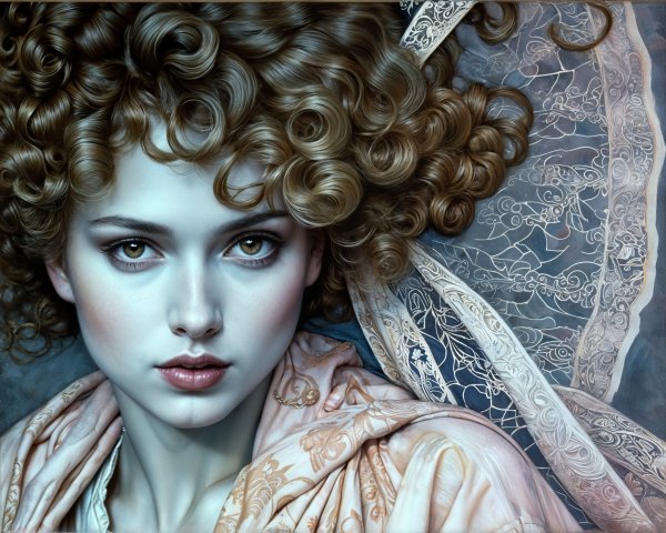 Young woman with voluminous curly hair and lace garment