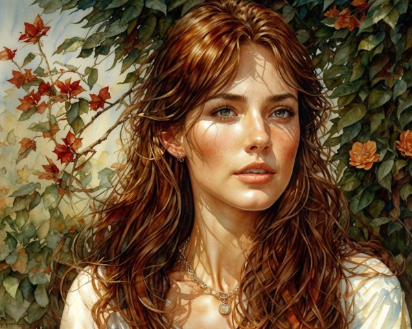 Woman with Wavy Brown Hair and Autumn Leaves Surrounding