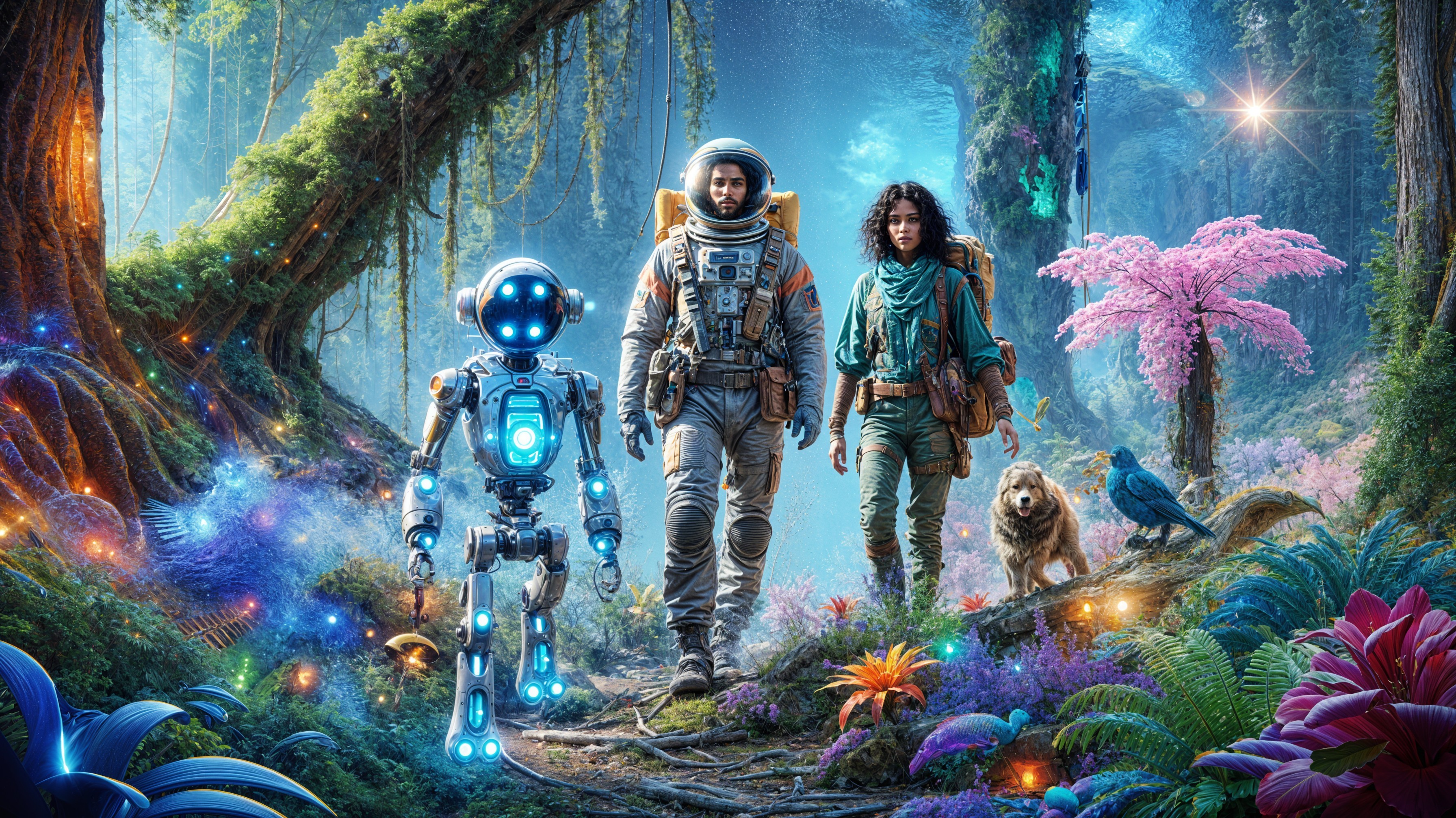 Adventurers in a Magical Forest with Glowing Plants