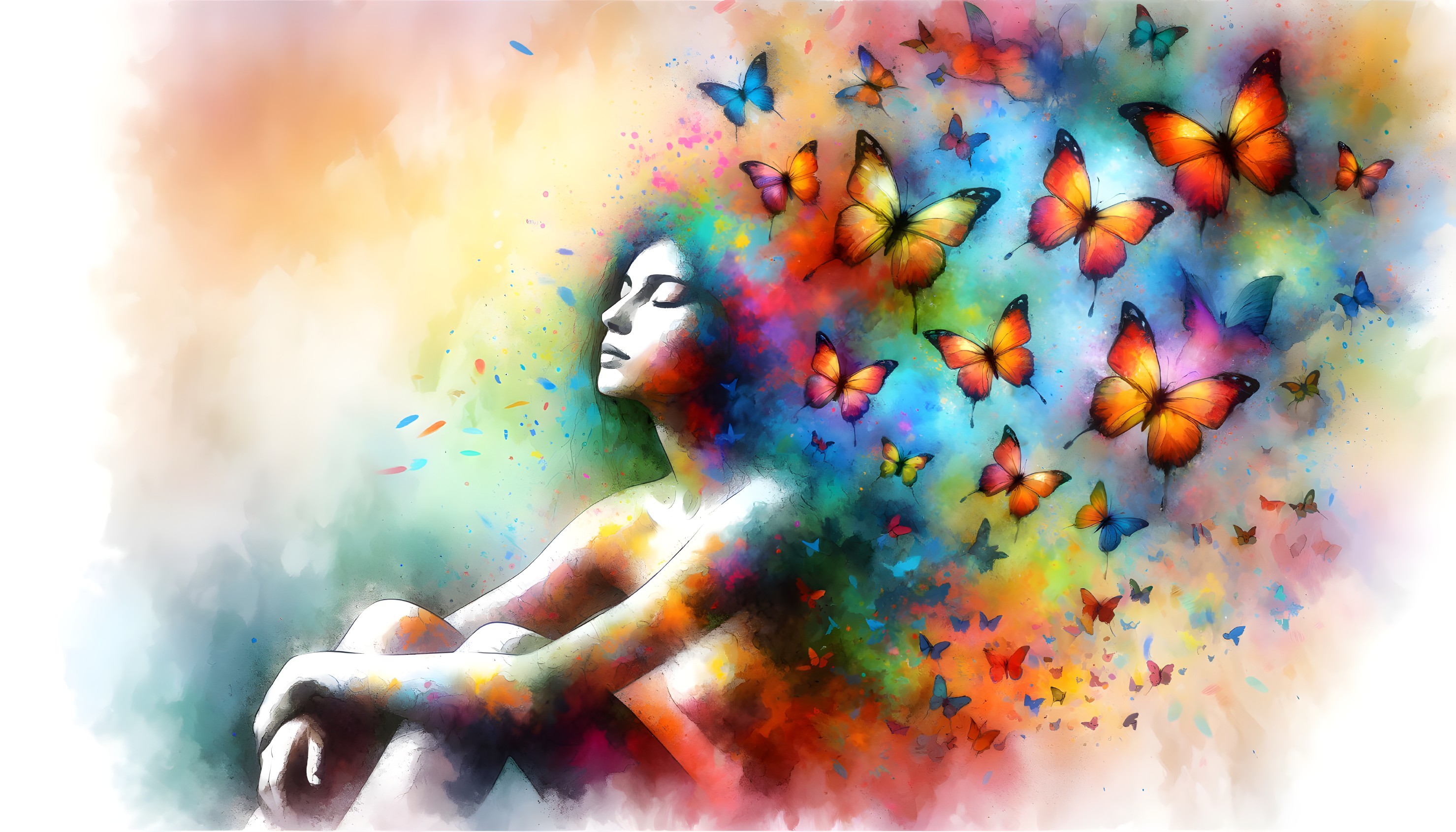 Abstract Portrait of a Woman with Colorful Butterflies