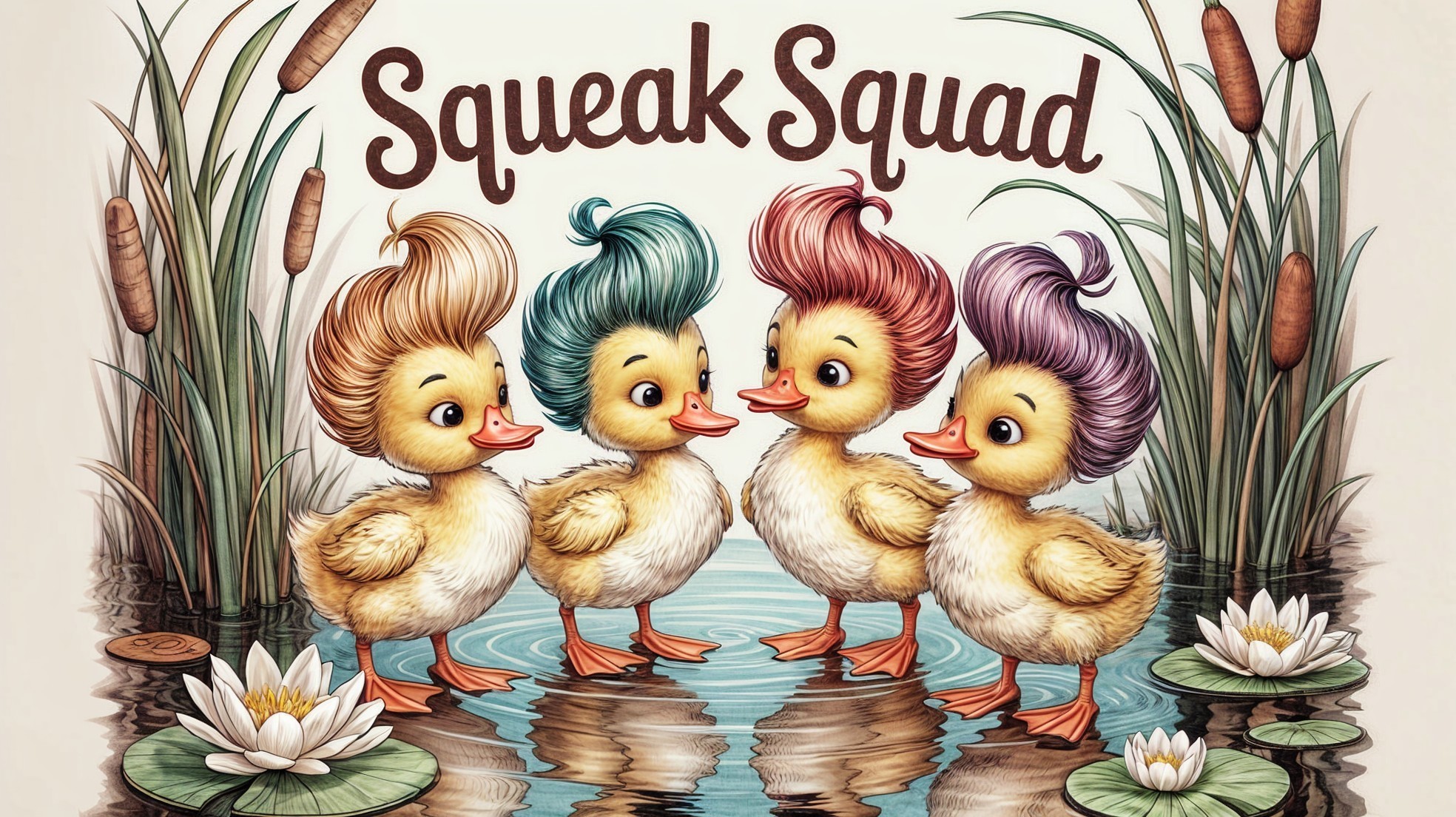 Cartoon Ducklings with Colorful Hairstyles by a Pond