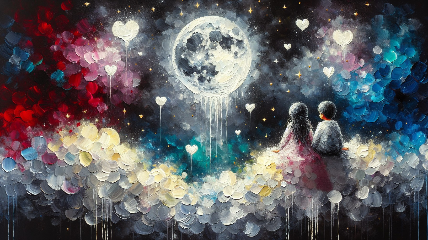 Couple on a Cloud Under a Luminous Full Moon