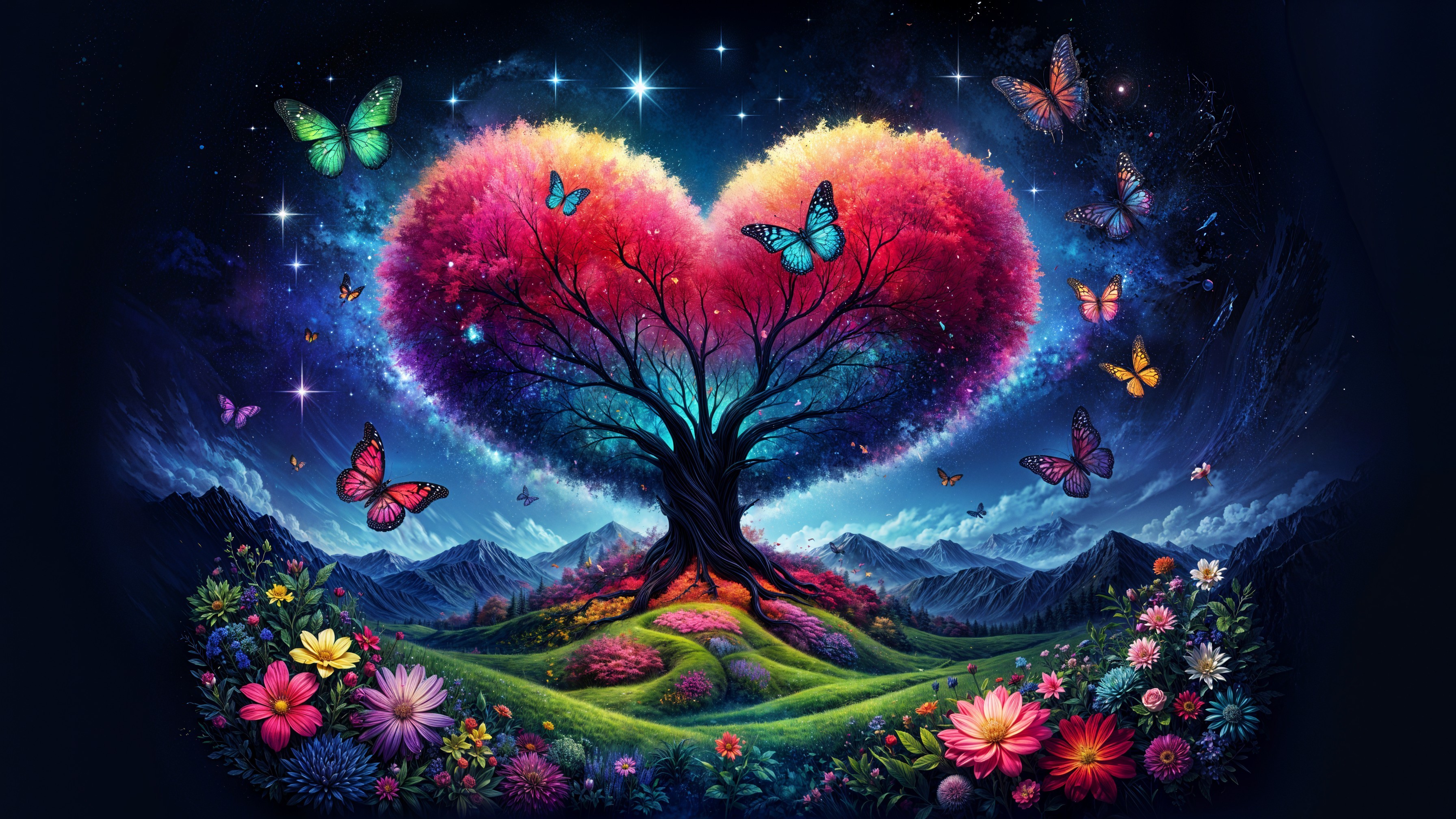 Heart-Shaped Tree in Colorful Night Landscape