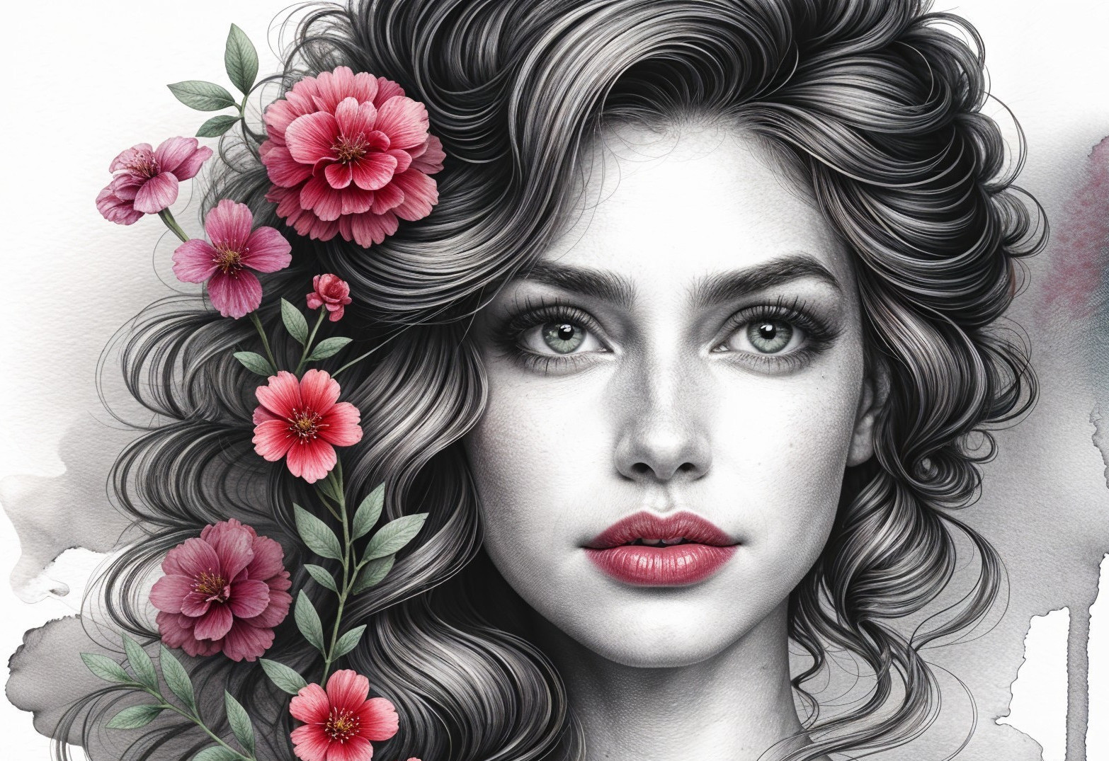 Portrait of a woman with wavy hair and pink flowers