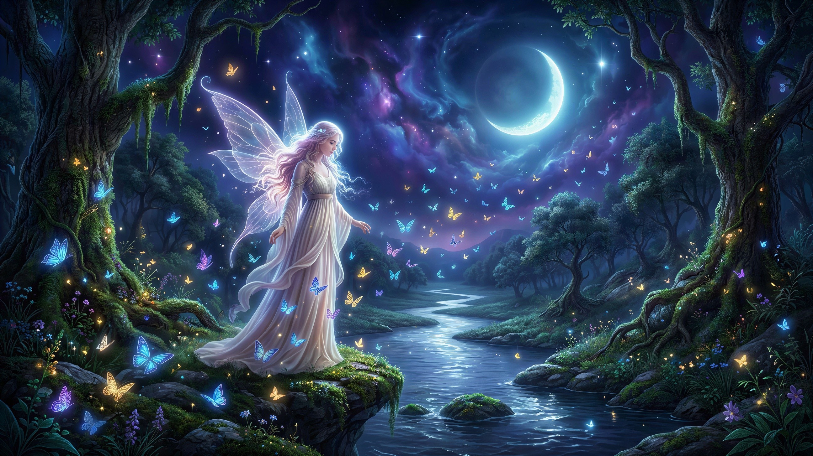 Whimsical Nighttime Forest with a Fairy and Butterflies