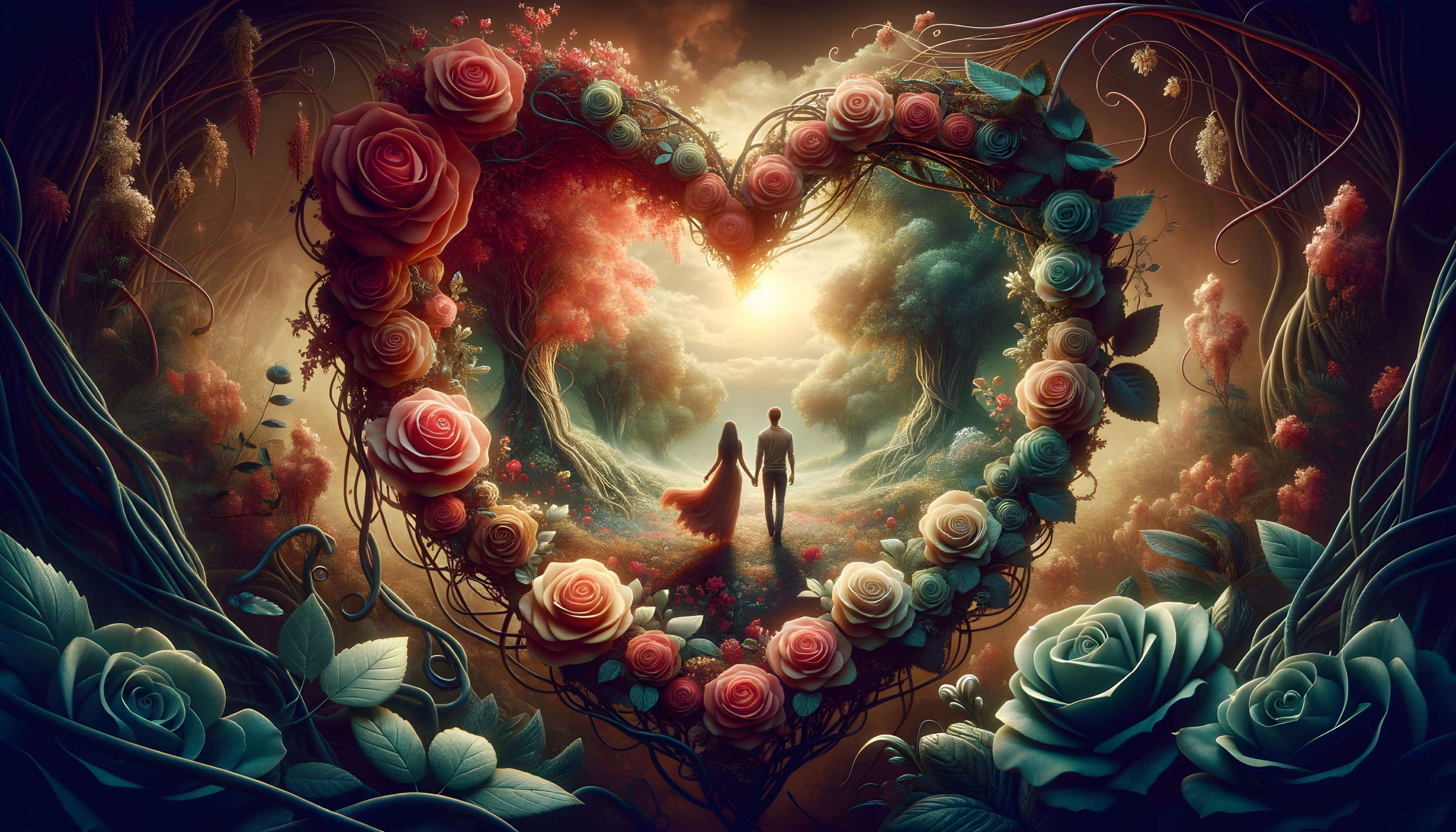 Couple in Heart-Shaped Floral Arch with Vibrant Roses