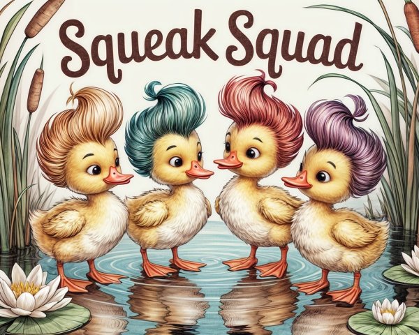 Cartoon Ducklings with Colorful Hairstyles by a Pond