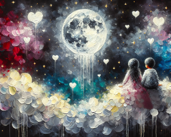 Couple on a Cloud Under a Luminous Full Moon