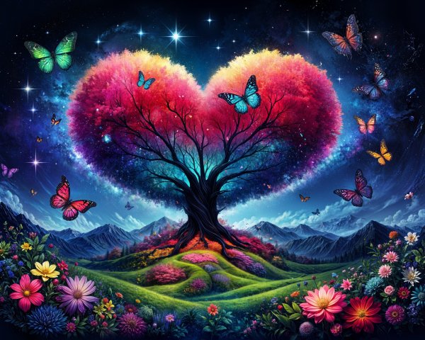 Heart-Shaped Tree in Colorful Night Landscape